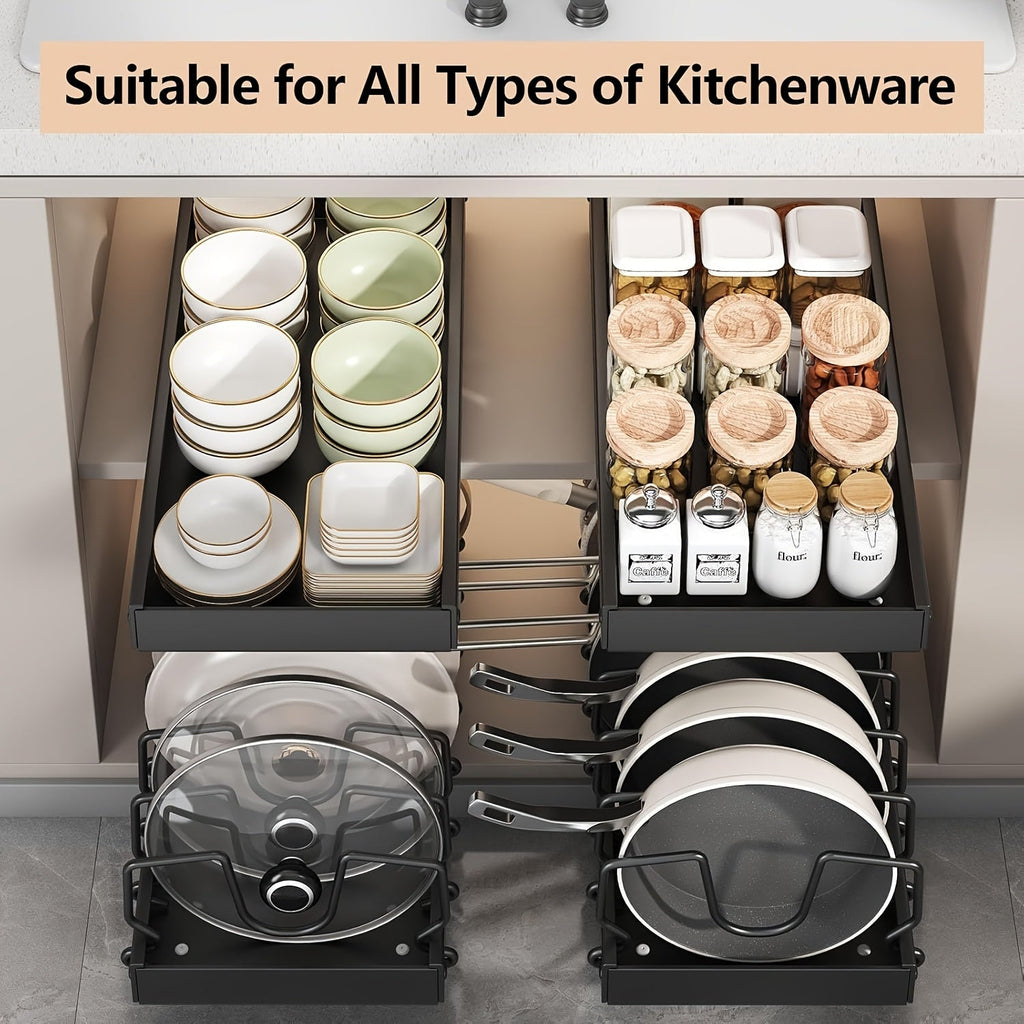 Pull-out kitchen cabinet organizer for plates, pans, lids, and spice storage.