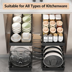 Pull-out kitchen cabinet organizer for plates, pans, lids, and spice storage.