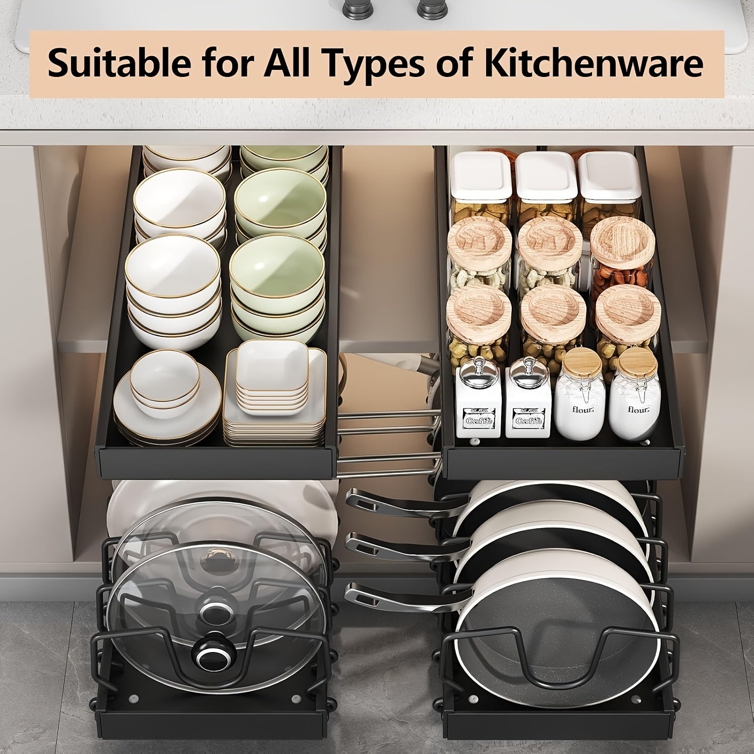 Pull-out kitchen cabinet organizer for plates, pans, lids, and spice storage.