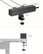 Desk clamp power strip with adjustable mount and size dimensions