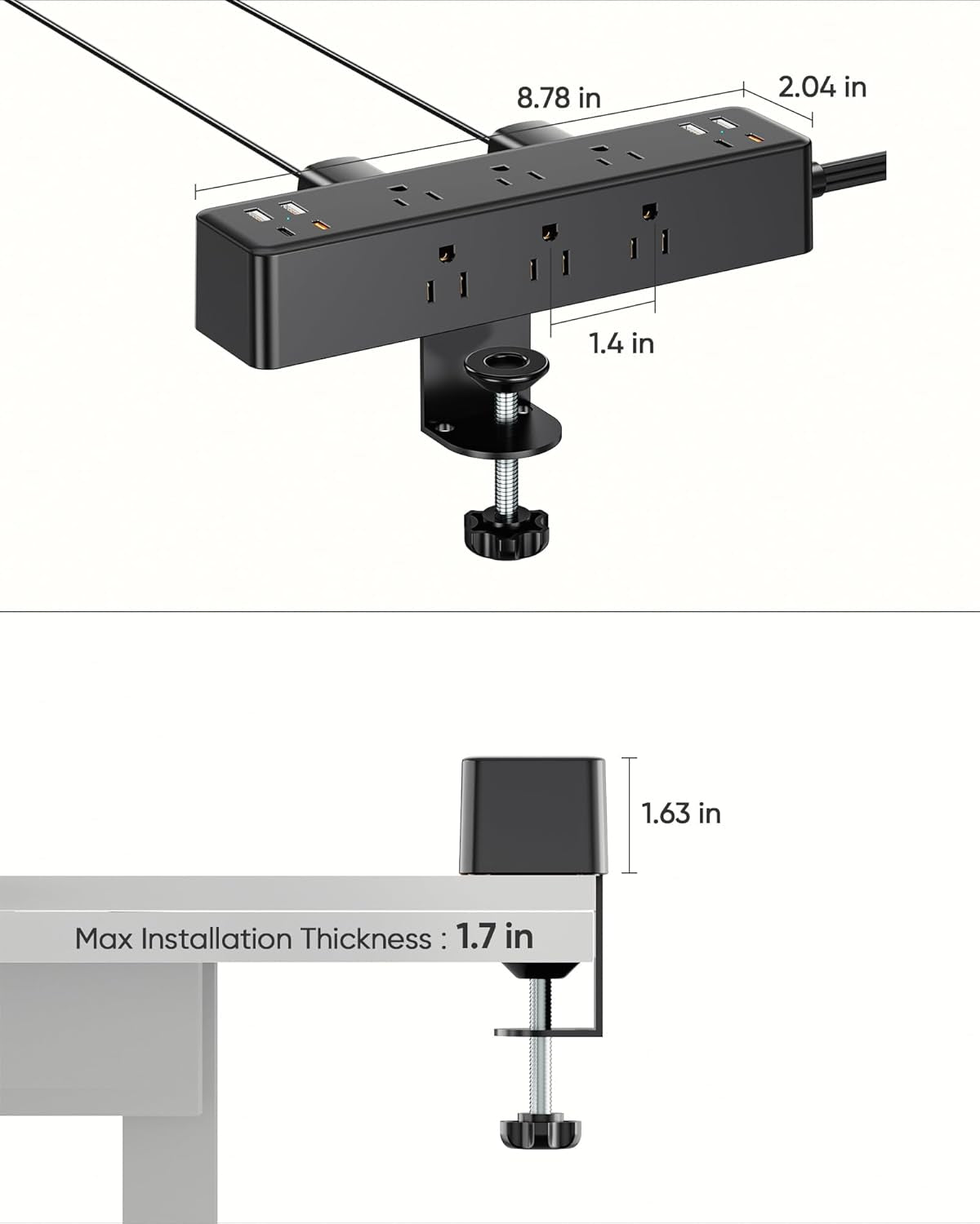 Desk clamp power strip with adjustable mount and size dimensions