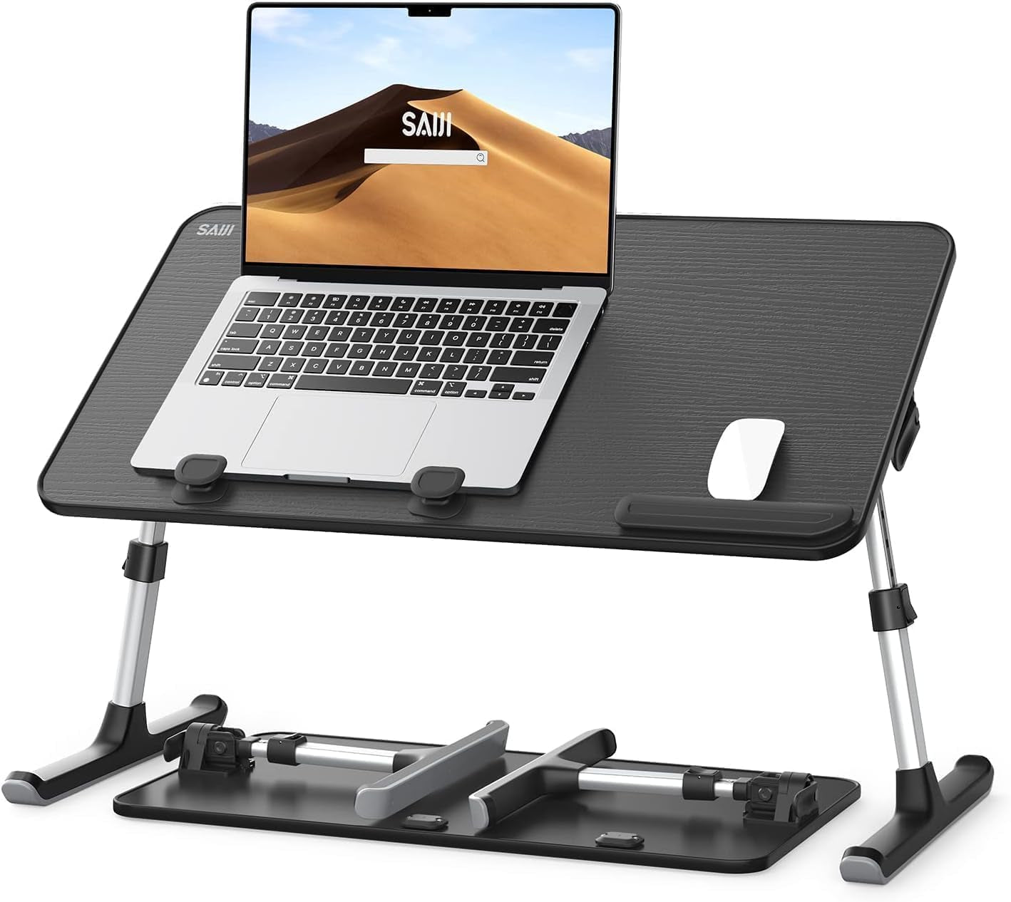 Adjustable laptop desk stand with foldable legs and mouse pad
