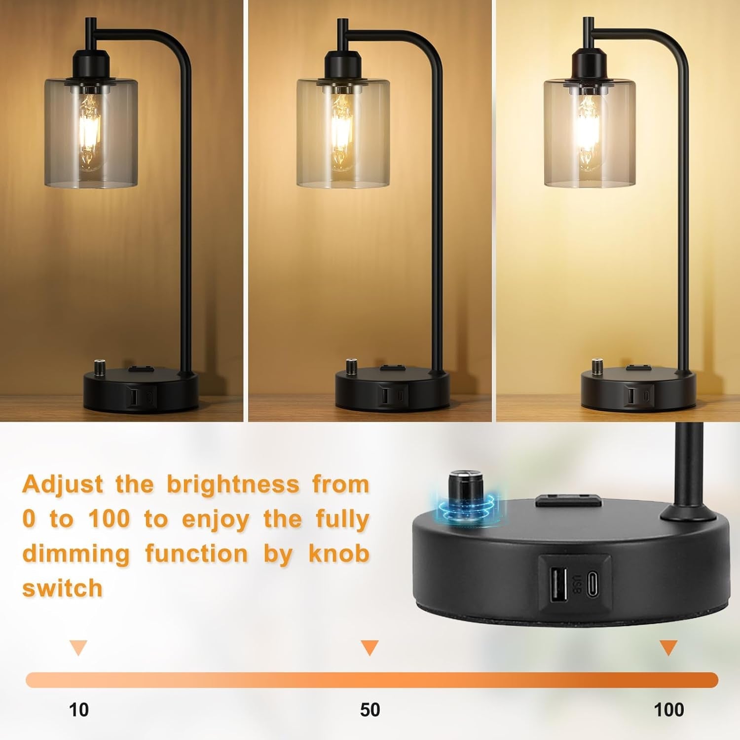 Dimmable table lamp with adjustable brightness and knob switch