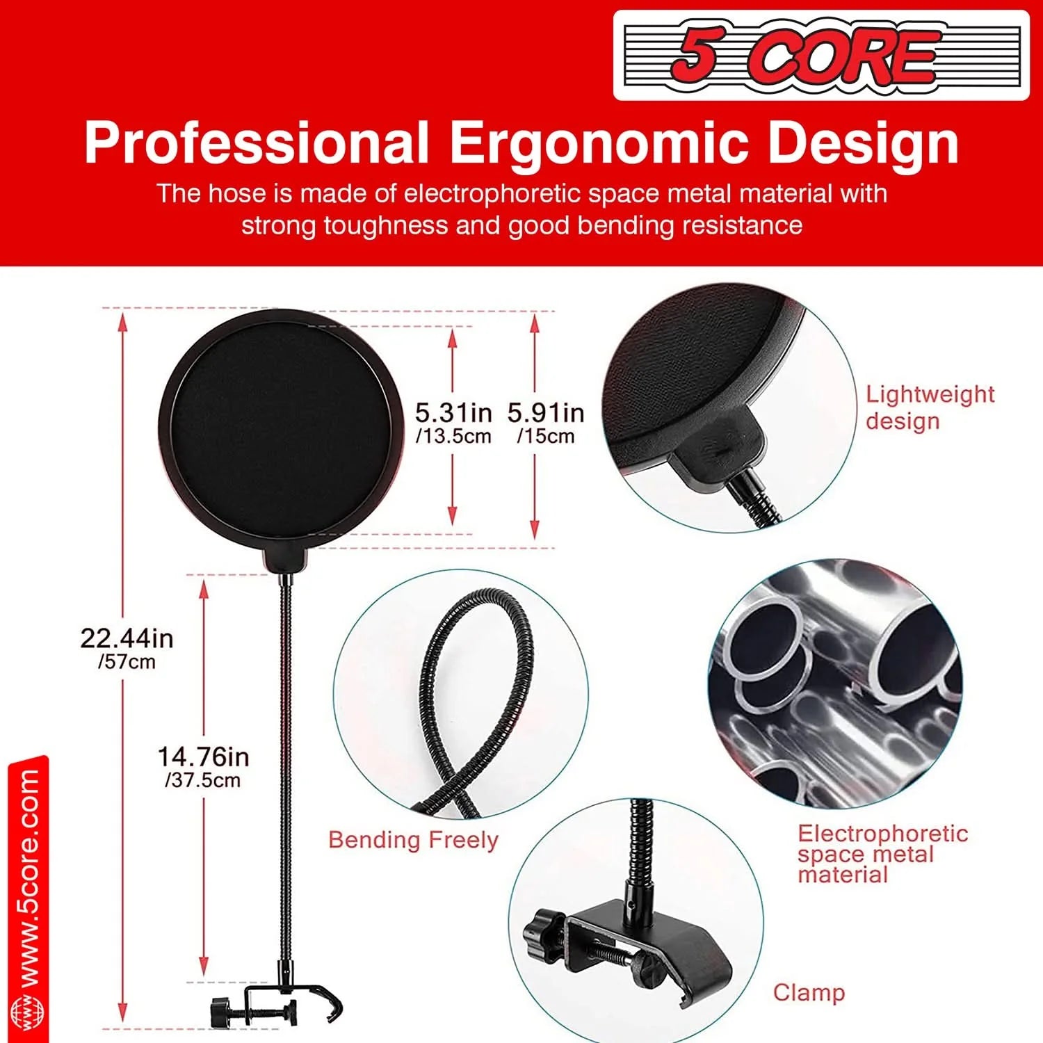Professional microphone pop filter with flexible arm and clamp