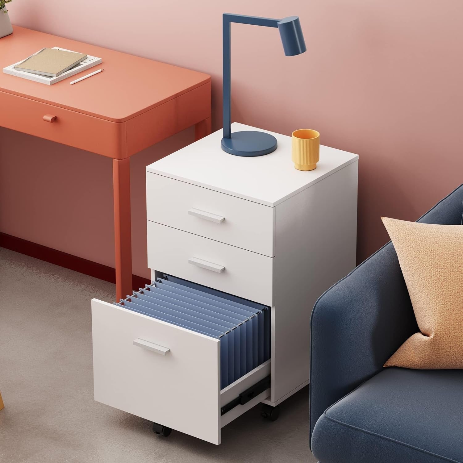 Modern white 3-drawer filing cabinet with wheels for office and home organization.