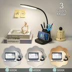 LED desk lamp with wireless charging, 3 color modes, and pen holder stand.
