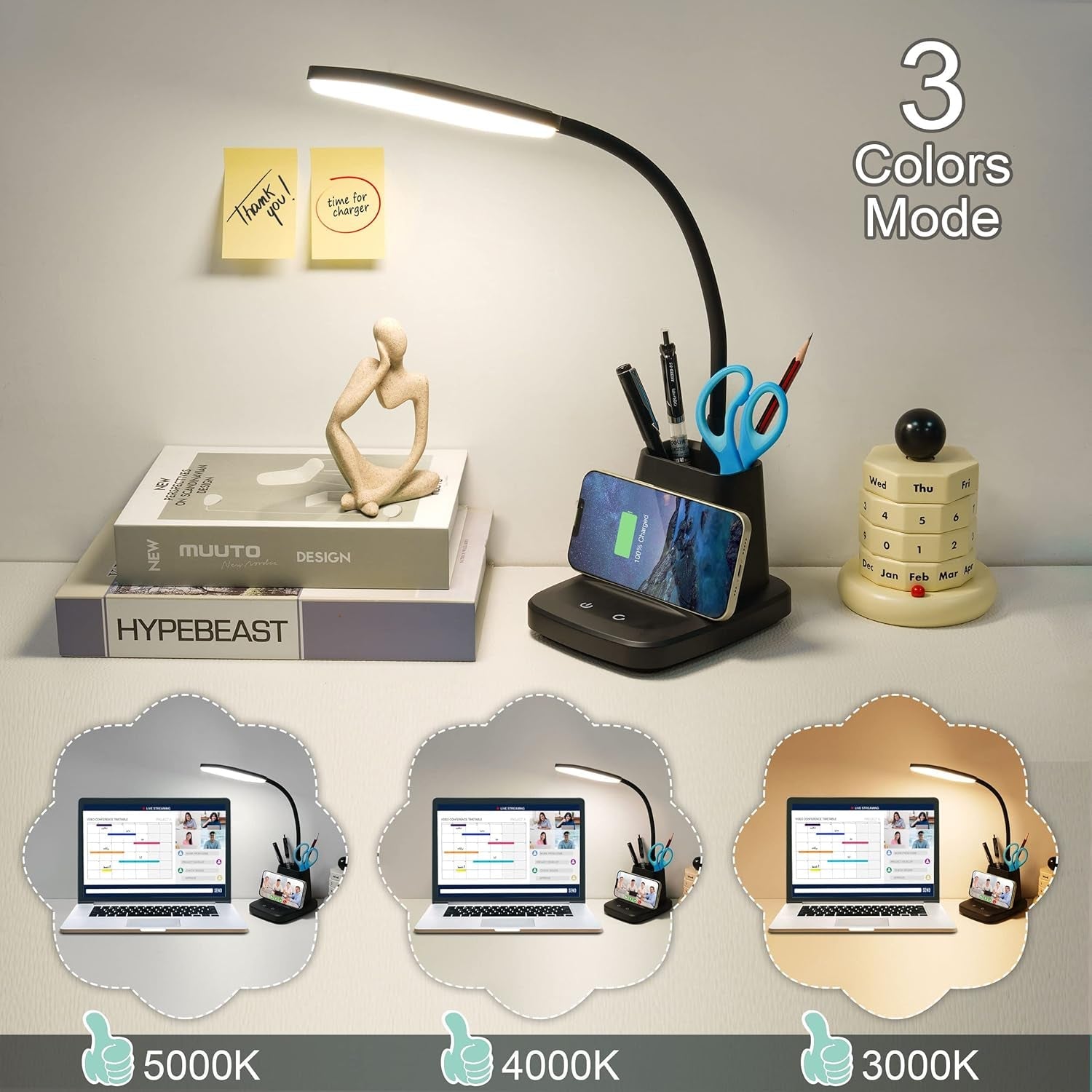 LED desk lamp with wireless charging, 3 color modes, and pen holder stand.
