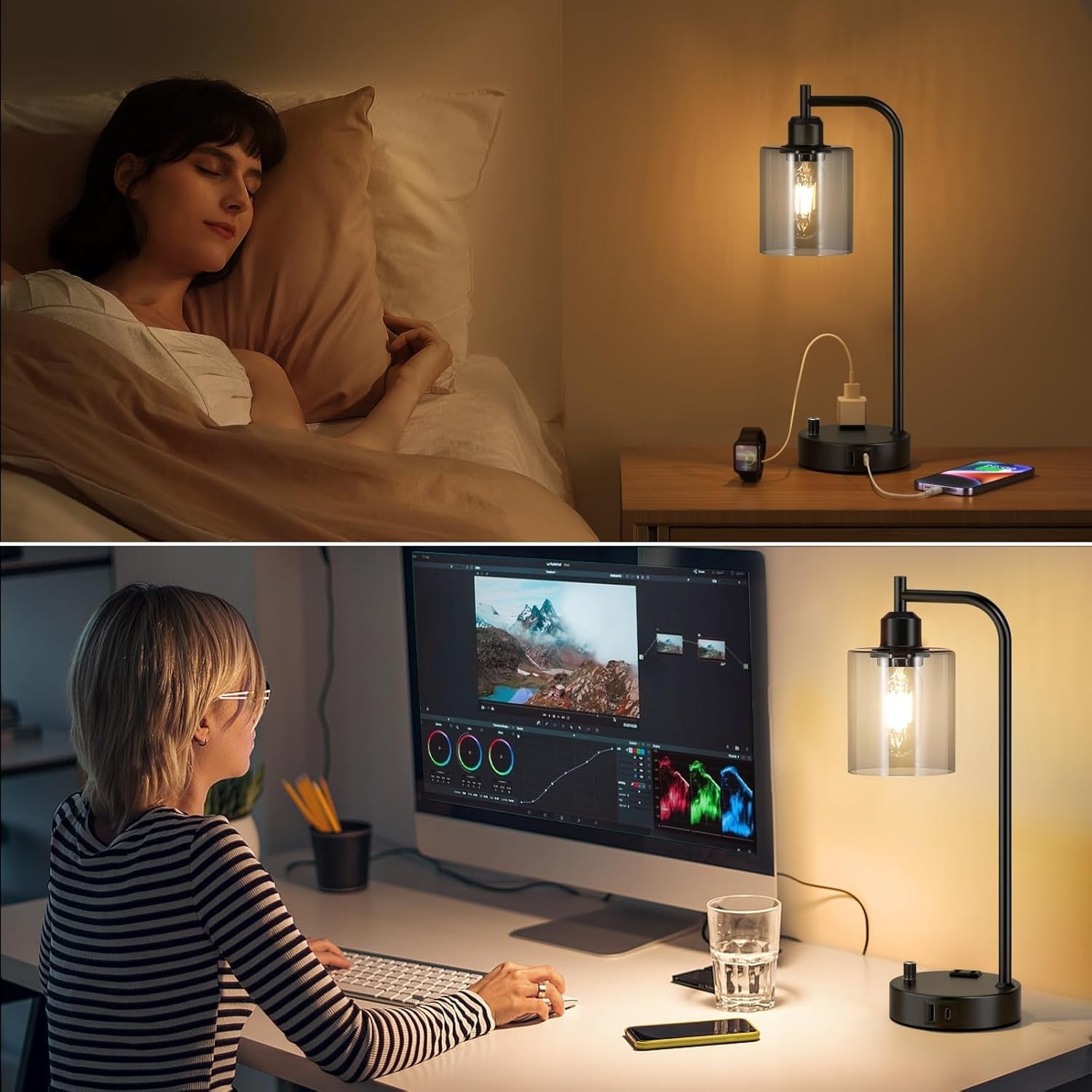 Modern table lamp with USB charging port for bedroom and office