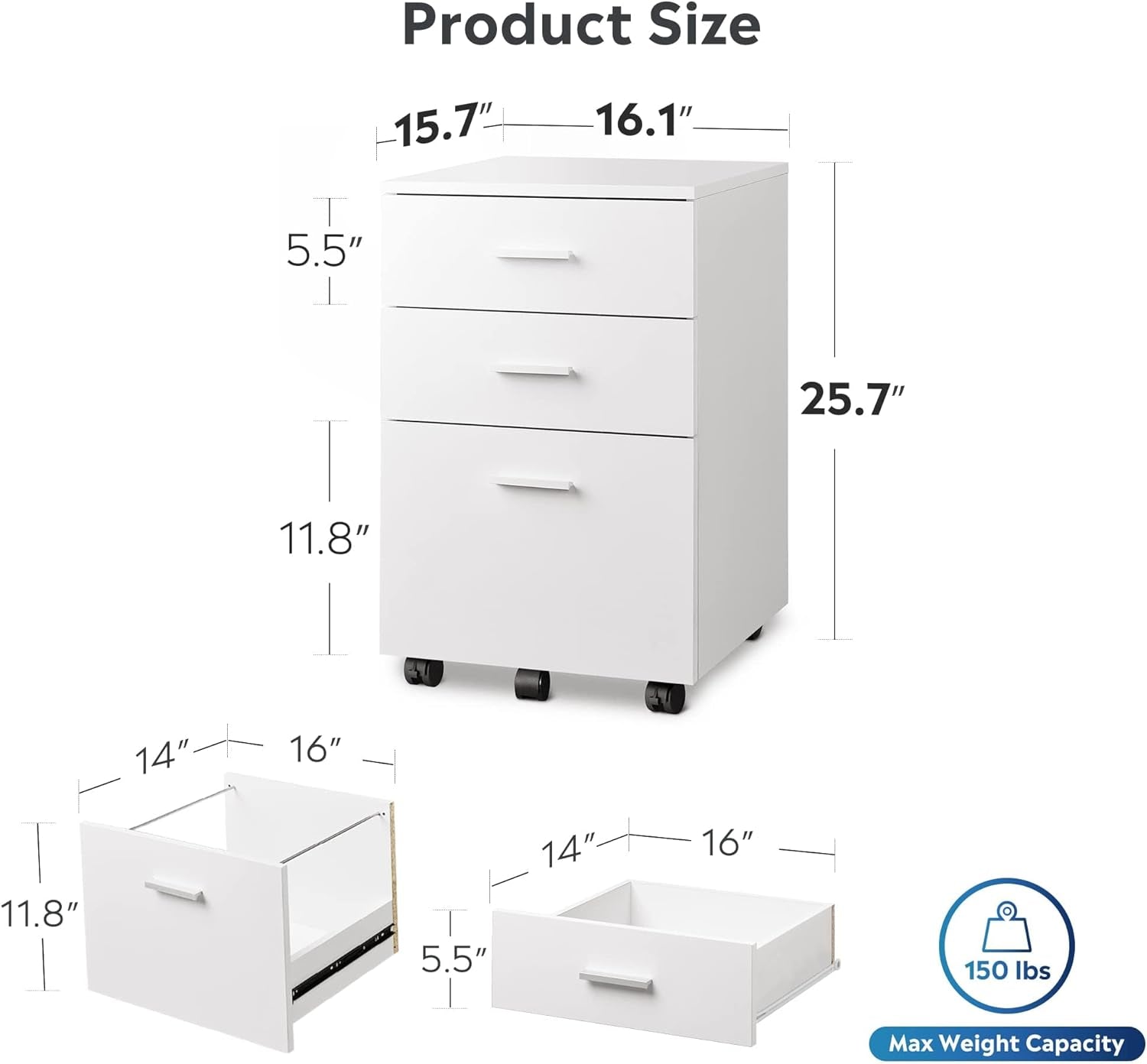 White 3-drawer filing cabinet with compact dimensions for office and home storage.