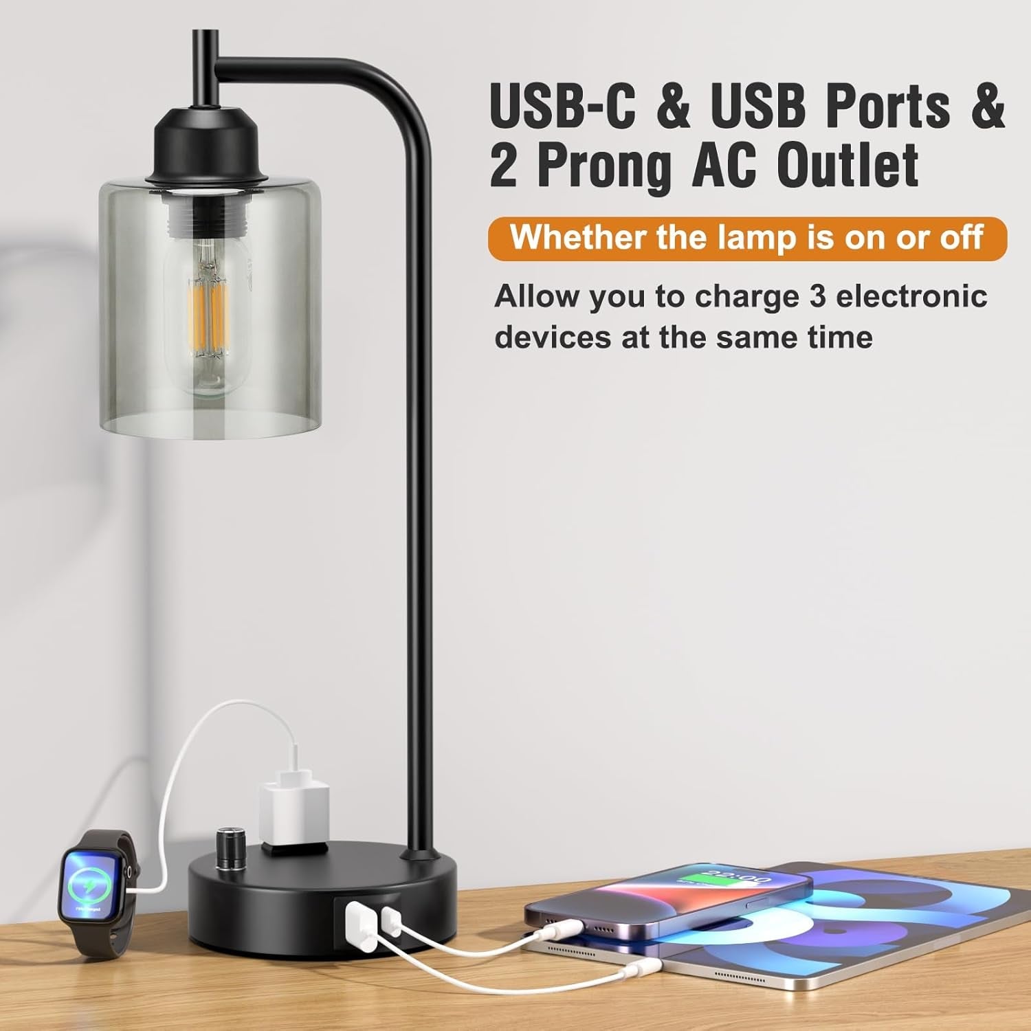Table lamp with USB-C, USB ports, and AC outlet for charging
