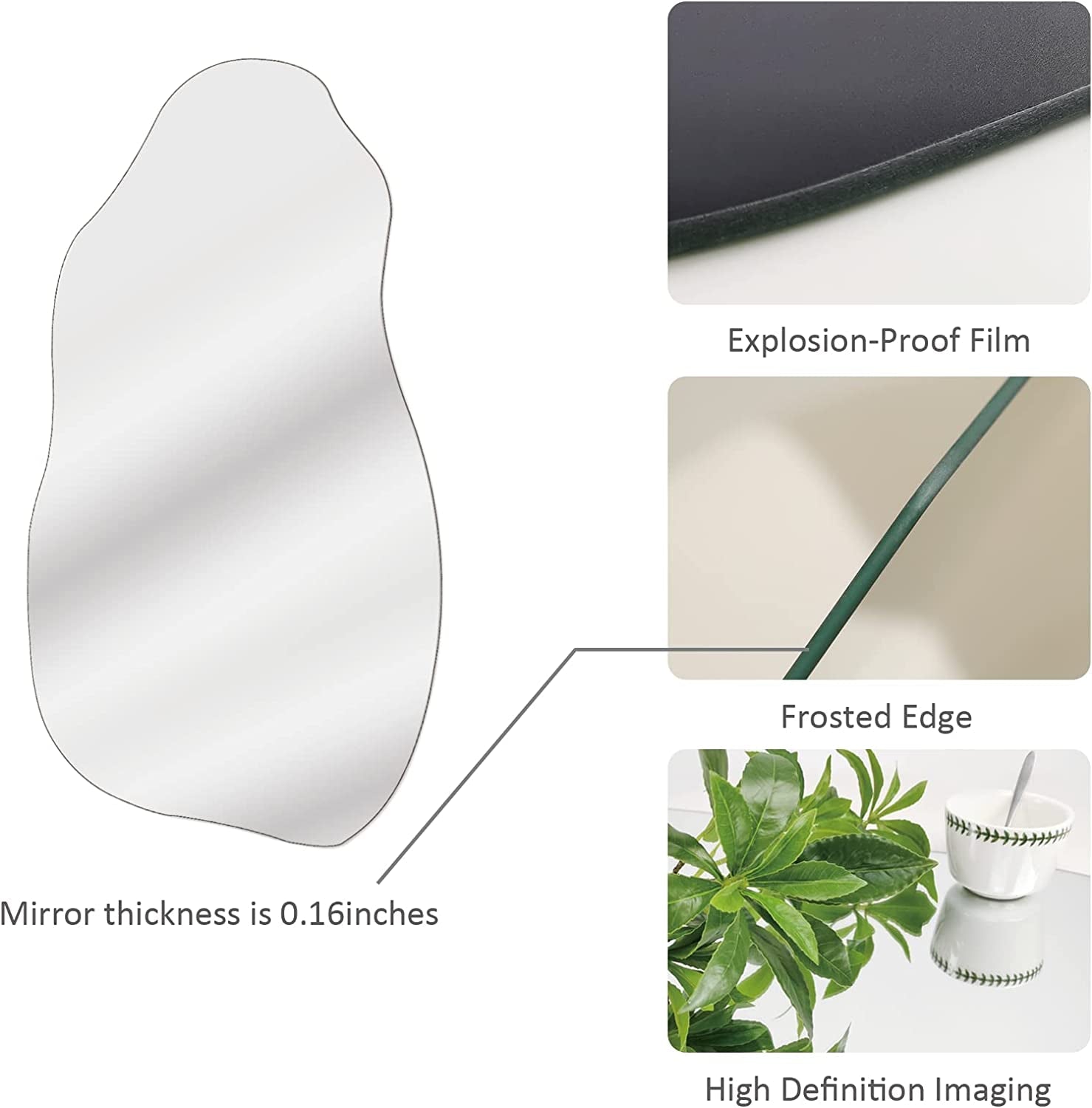 Irregular wall mirror with explosion-proof film, frosted edge, and high-definition reflection.

