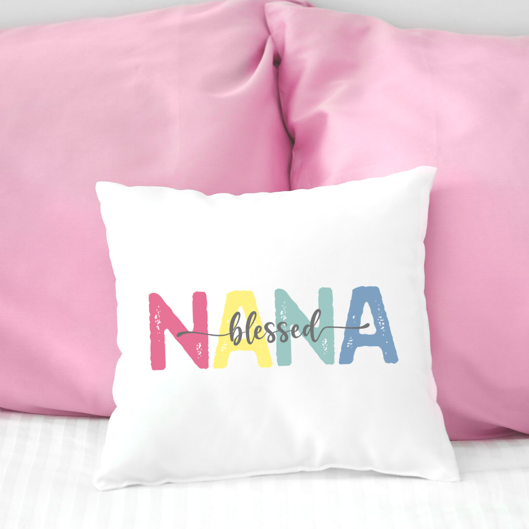 Colorful "Blessed Nana" decorative pillow, perfect gift for grandmother and home decor.

