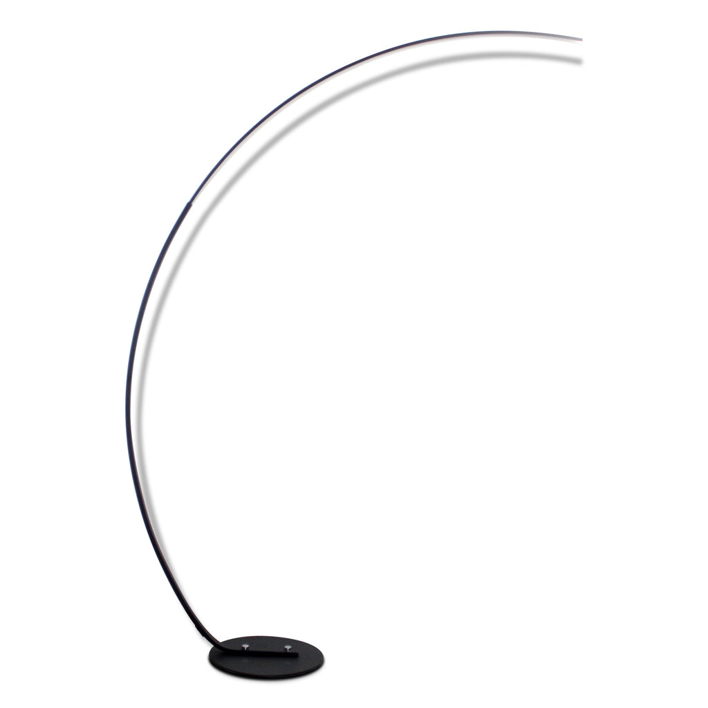 Minimalist black arc floor lamp on grey background