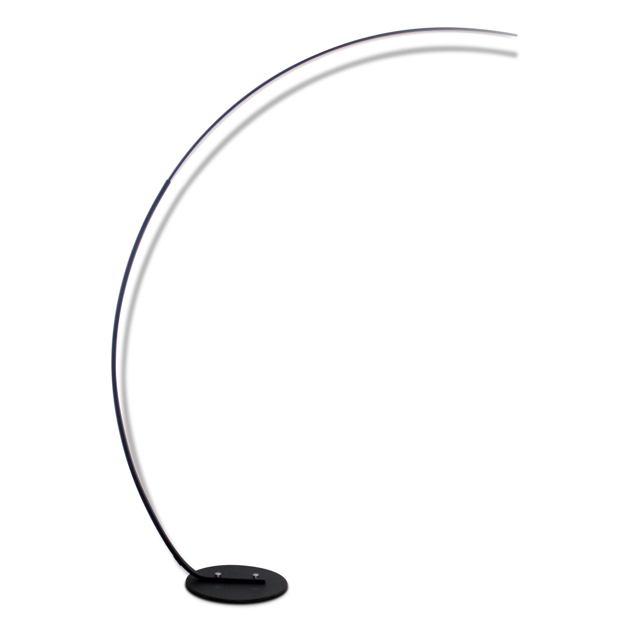 Minimalist black arc floor lamp on grey background