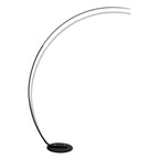 Modern LED arc floor lamp with slim black base, stylish lighting for home décor.
