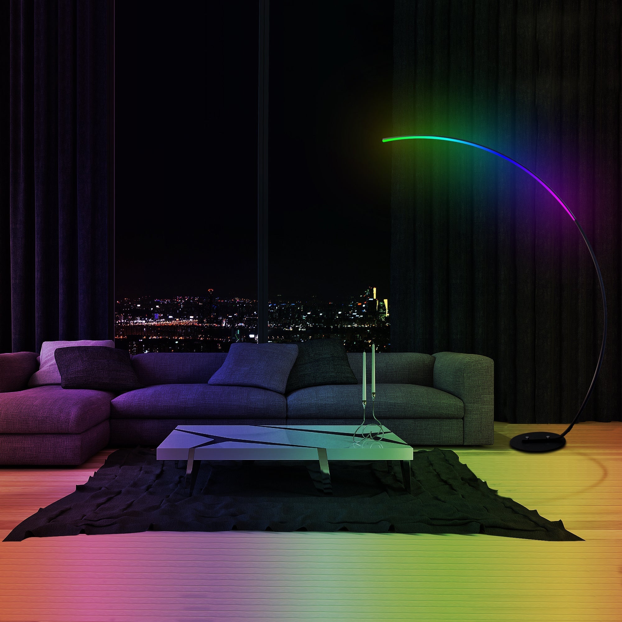 RGB LED arc floor lamp with color-changing light, ideal for modern living room ambiance.
