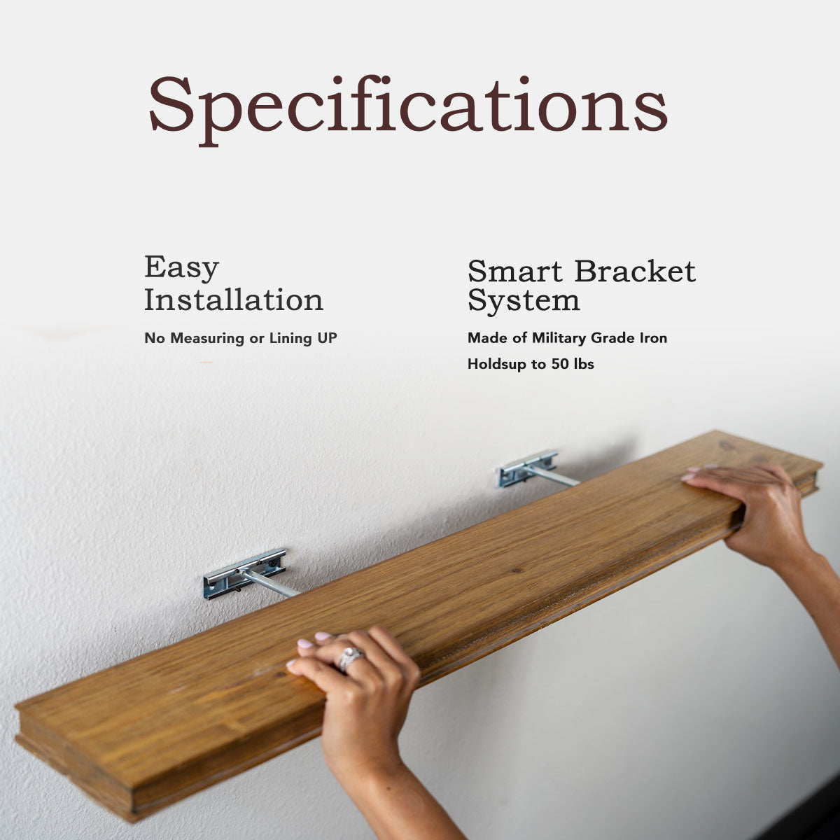 Rustic wood shelf with smart bracket system for easy, secure wall mounting.

