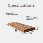 Rustic 24-inch pine wood shelf with stained finish for a vintage aged look.
