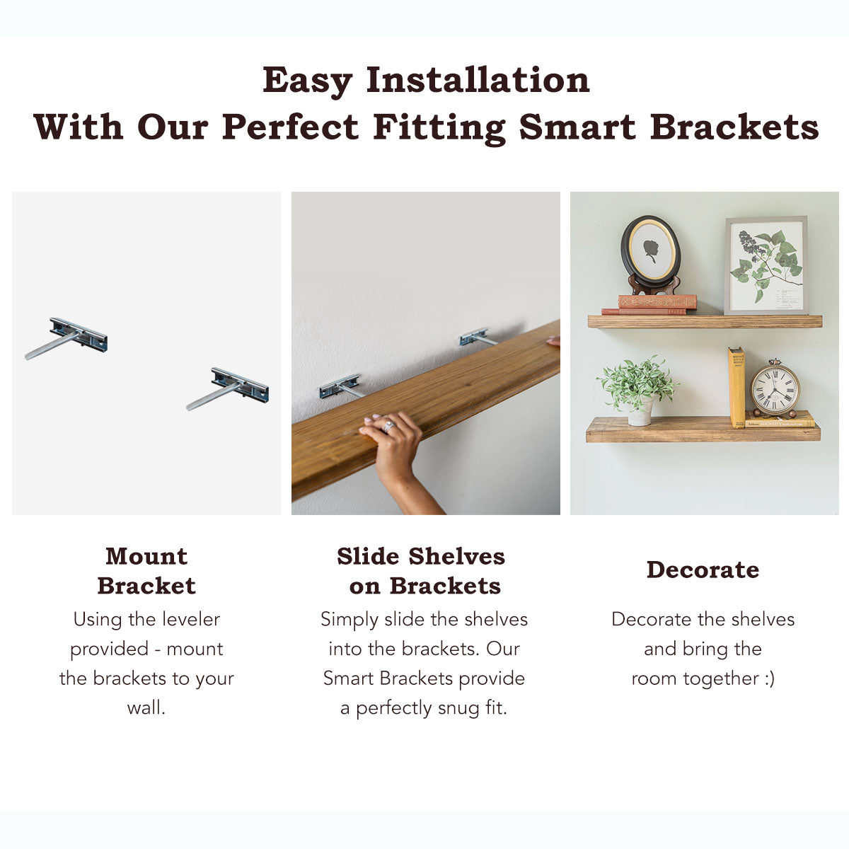 Easy-install rustic wood shelves with smart brackets for secure wall décor.
