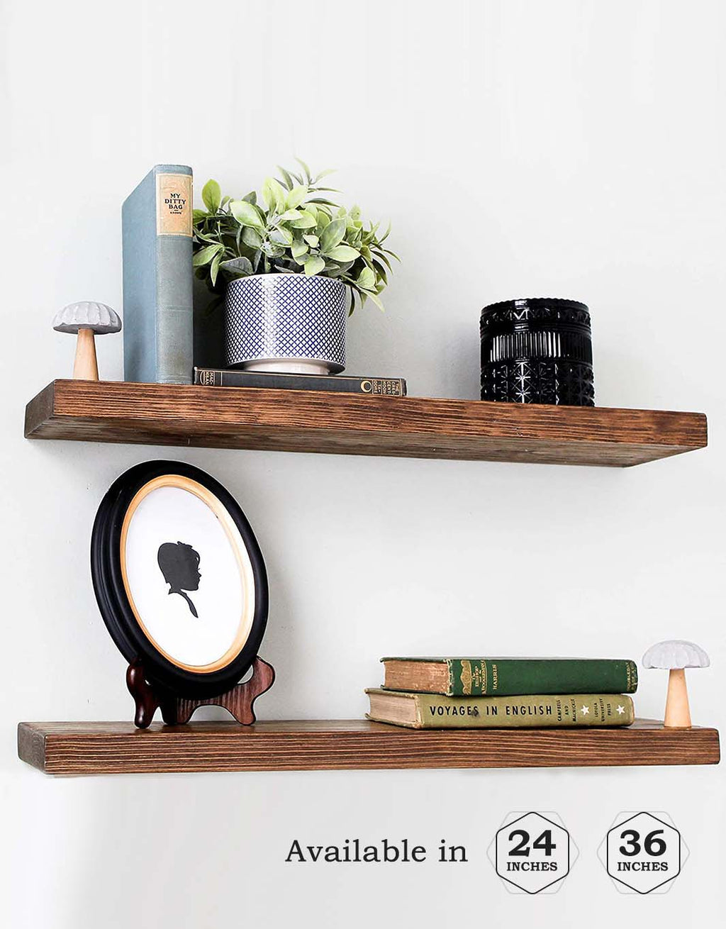 Rustic wood floating shelves, perfect for books, plants, and stylish wall décor.
