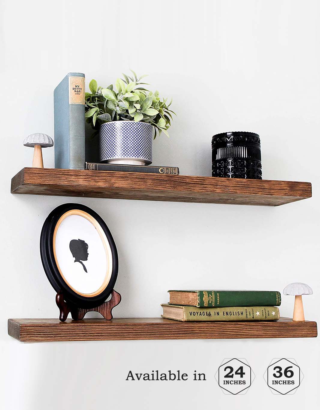 Rustic wood floating shelves, perfect for books, plants, and stylish wall décor.
