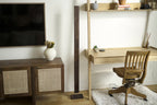 Wooden LED corner floor lamp for stylish home office and living room lighting.
