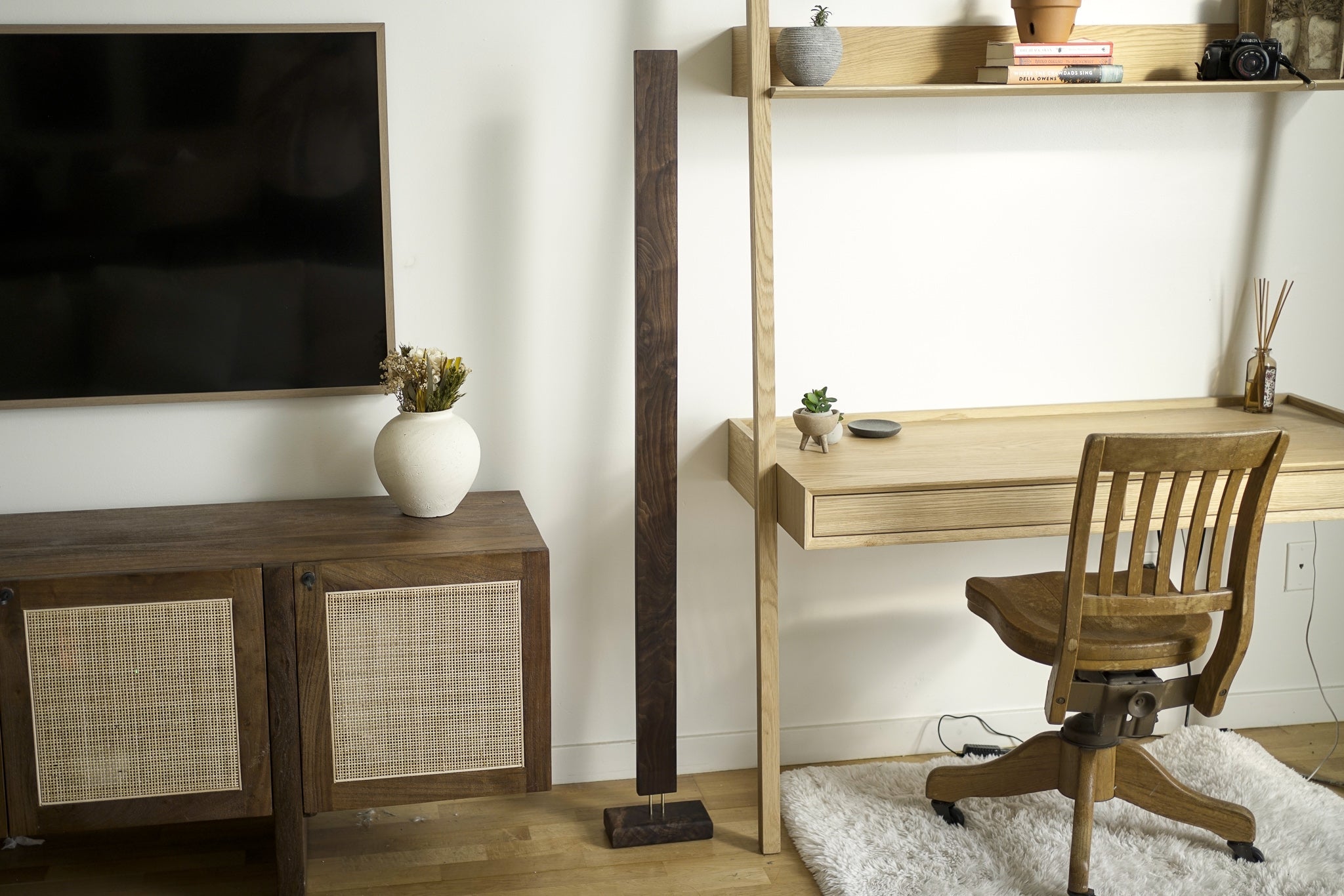 Wooden LED corner floor lamp for stylish home office and living room lighting.
