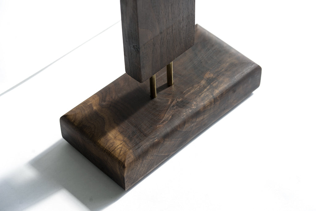 Durable dark wood base for LED corner floor lamp with modern style.
