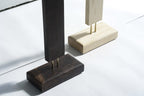 Wooden base LED corner floor lamp in dark and light finish for modern interiors.
