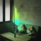 Living room with LED corner floor lamp and green ambient light