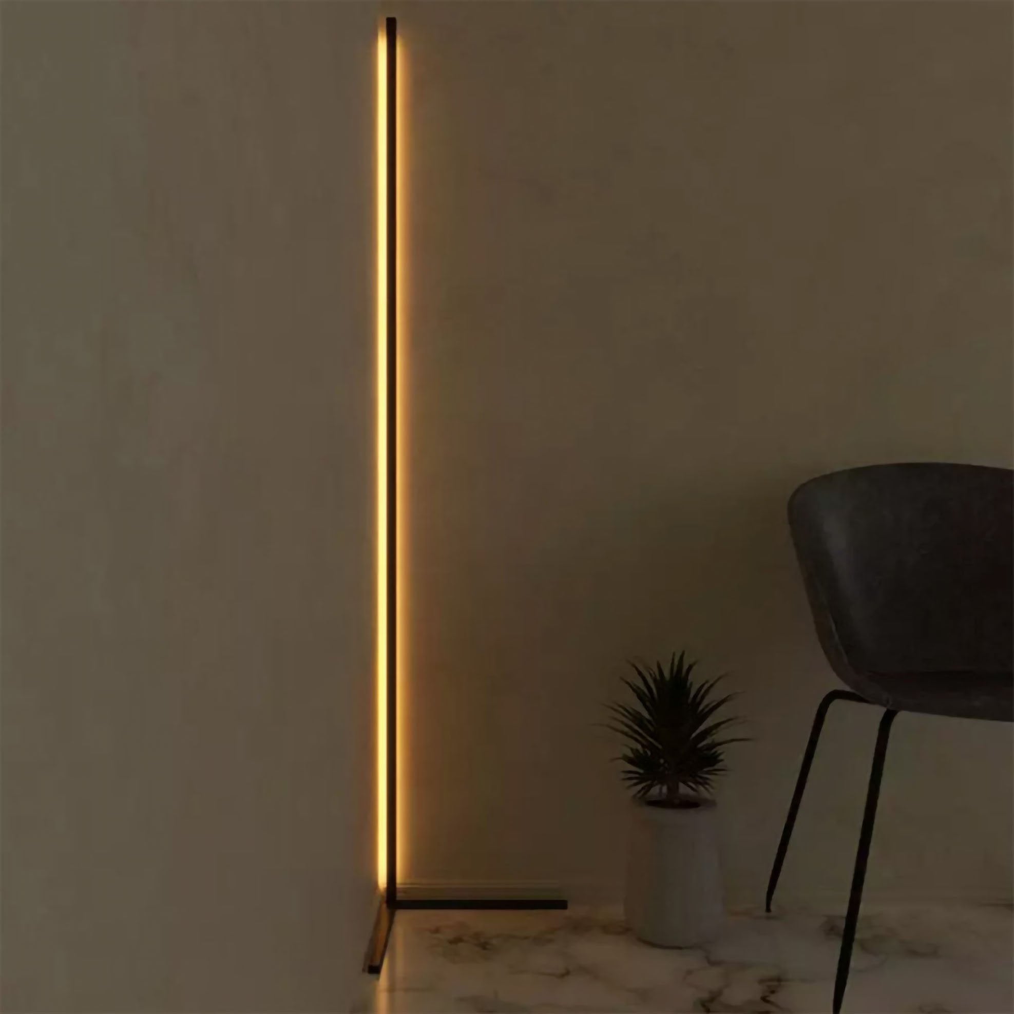 Minimalist LED corner floor lamp with warm yellow lighting