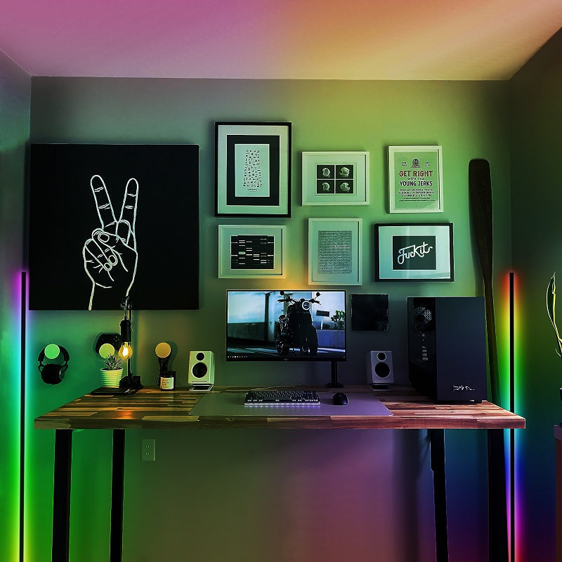 Stylish home office with LED floor lights and wall art decor