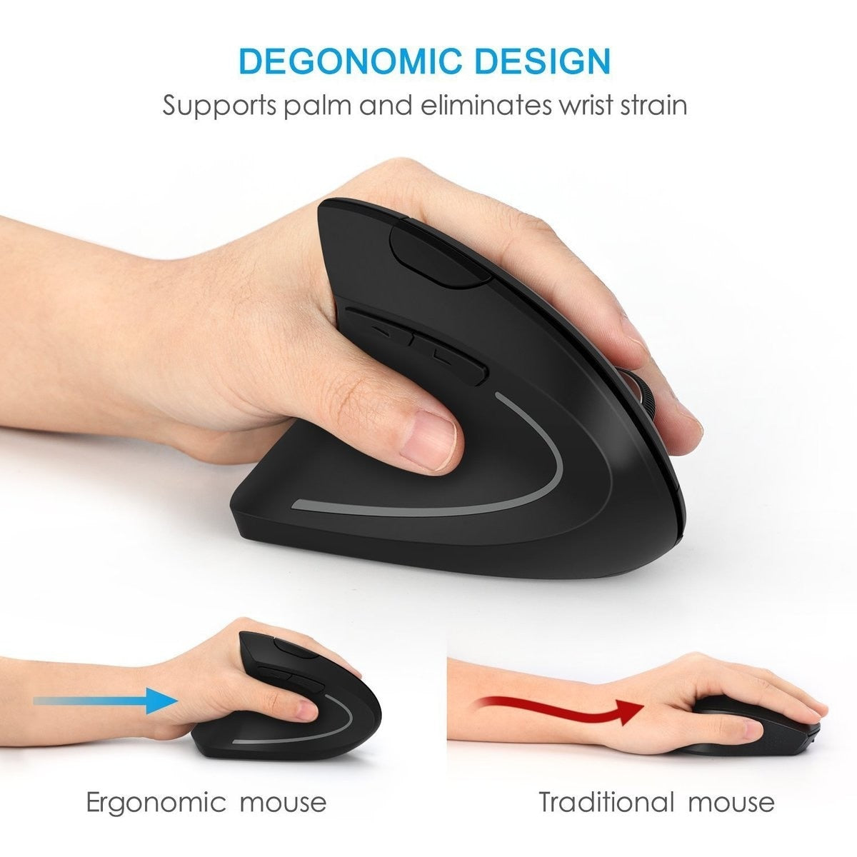 Ergonomic vertical mouse reducing wrist strain compared to traditional mouse