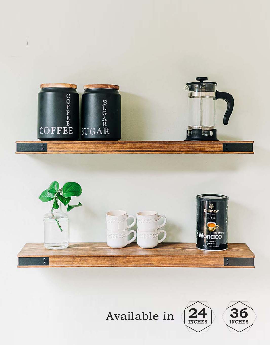 Rustic wood wall shelves with black metal brackets for kitchen or home decor.
