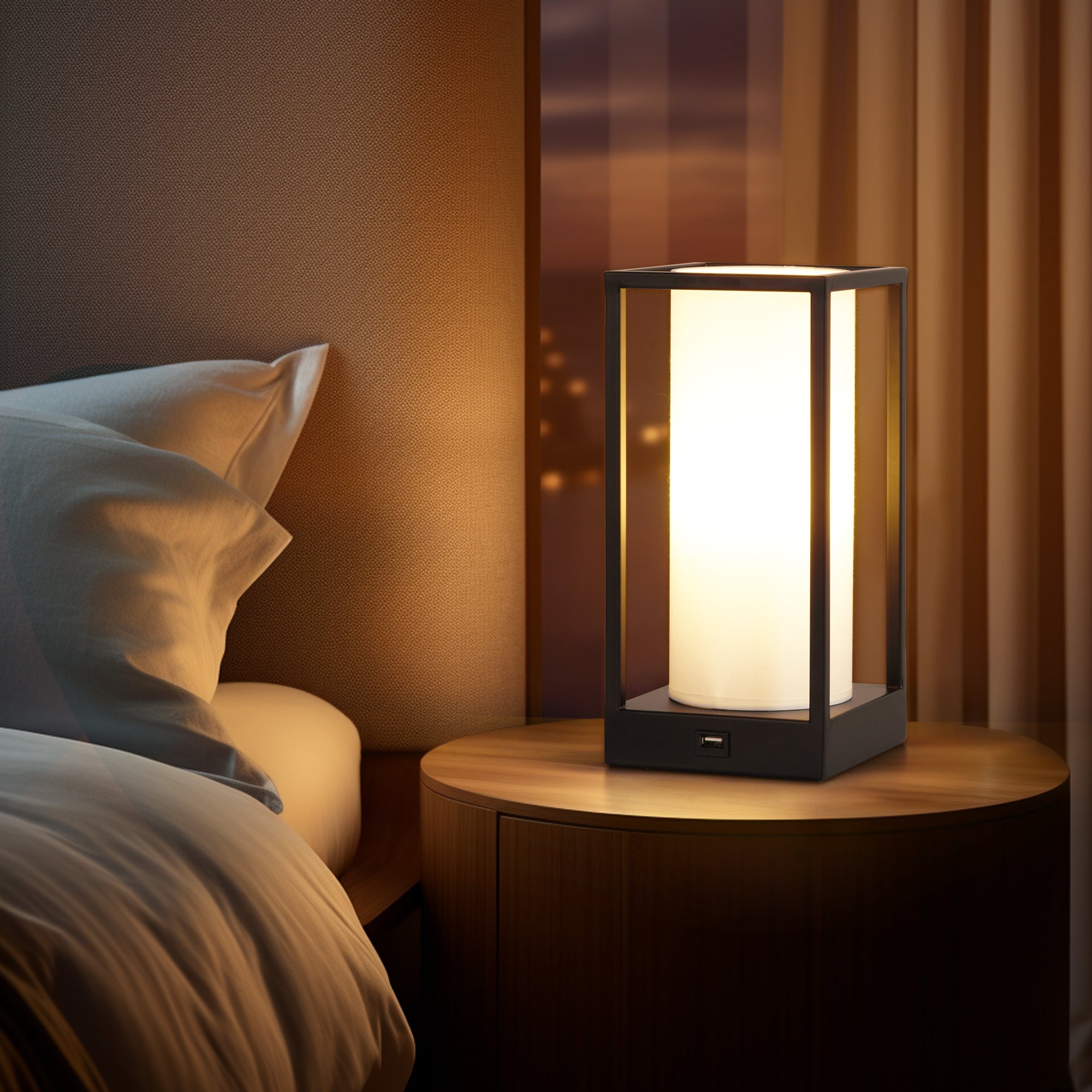 Modern bedside table lamp with rectangular shade and warm light