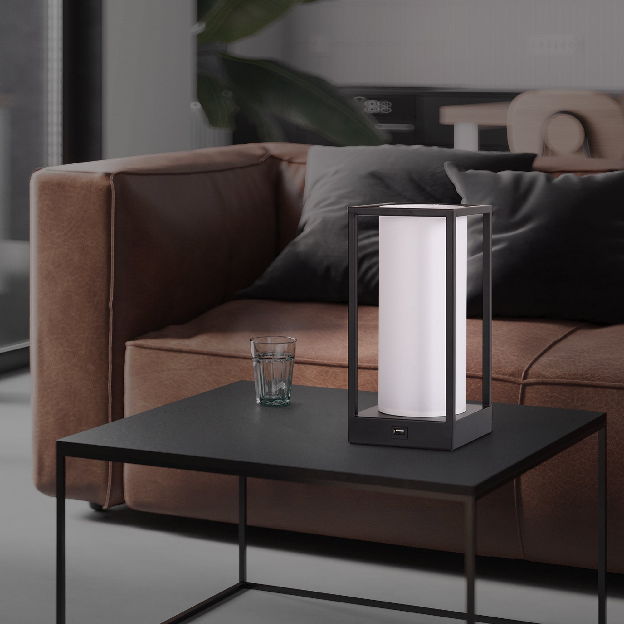 Modern rectangular table lamp with white shade on coffee table
