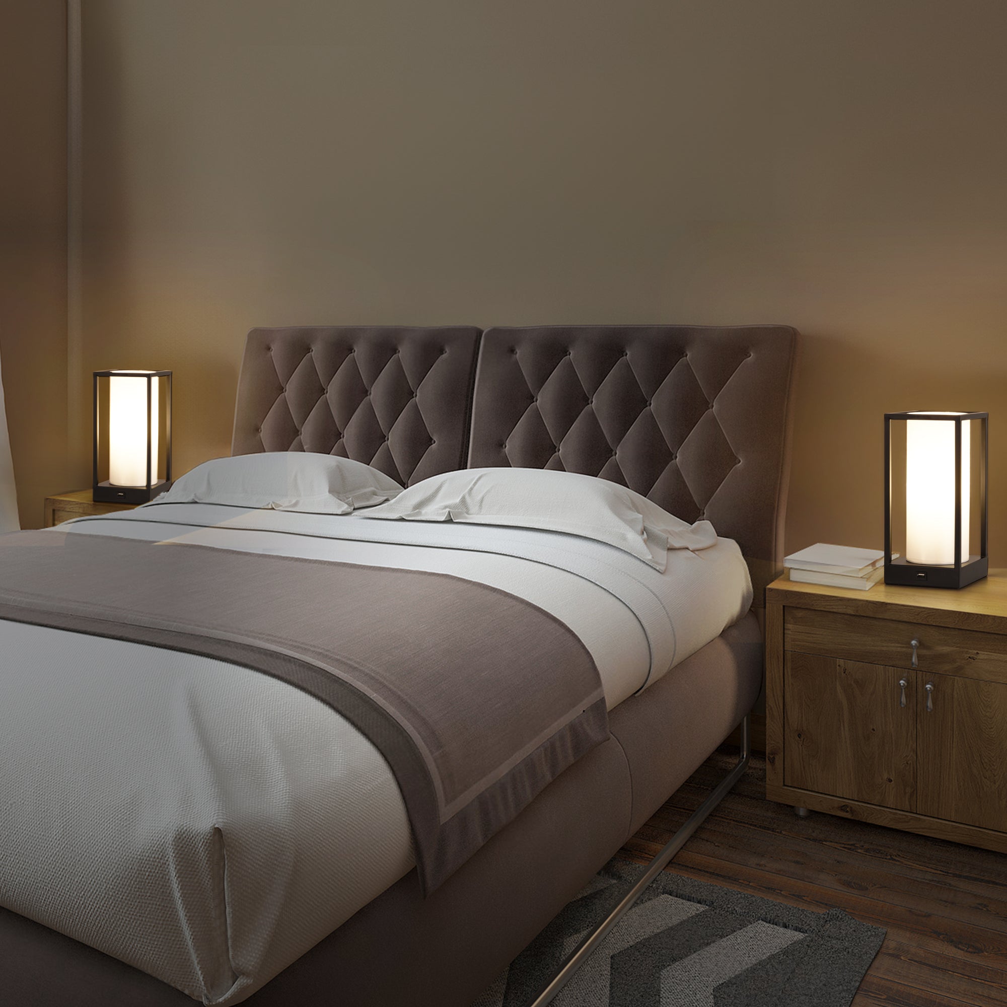 Bedroom with modern bedside lamps featuring rectangular shades