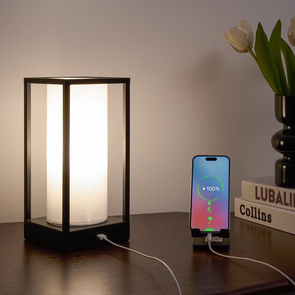 Rectangular table lamp with USB charging port for phone