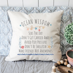 Coastal decorative throw pillow with ocean wisdom quotes for beach house decor.
