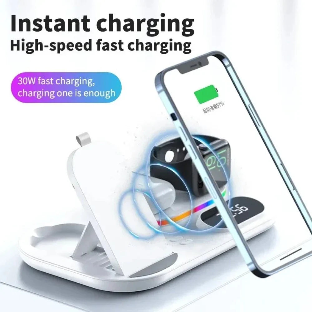 High-speed 30W wireless charging dock for iPhone, Apple Watch, and AirPods