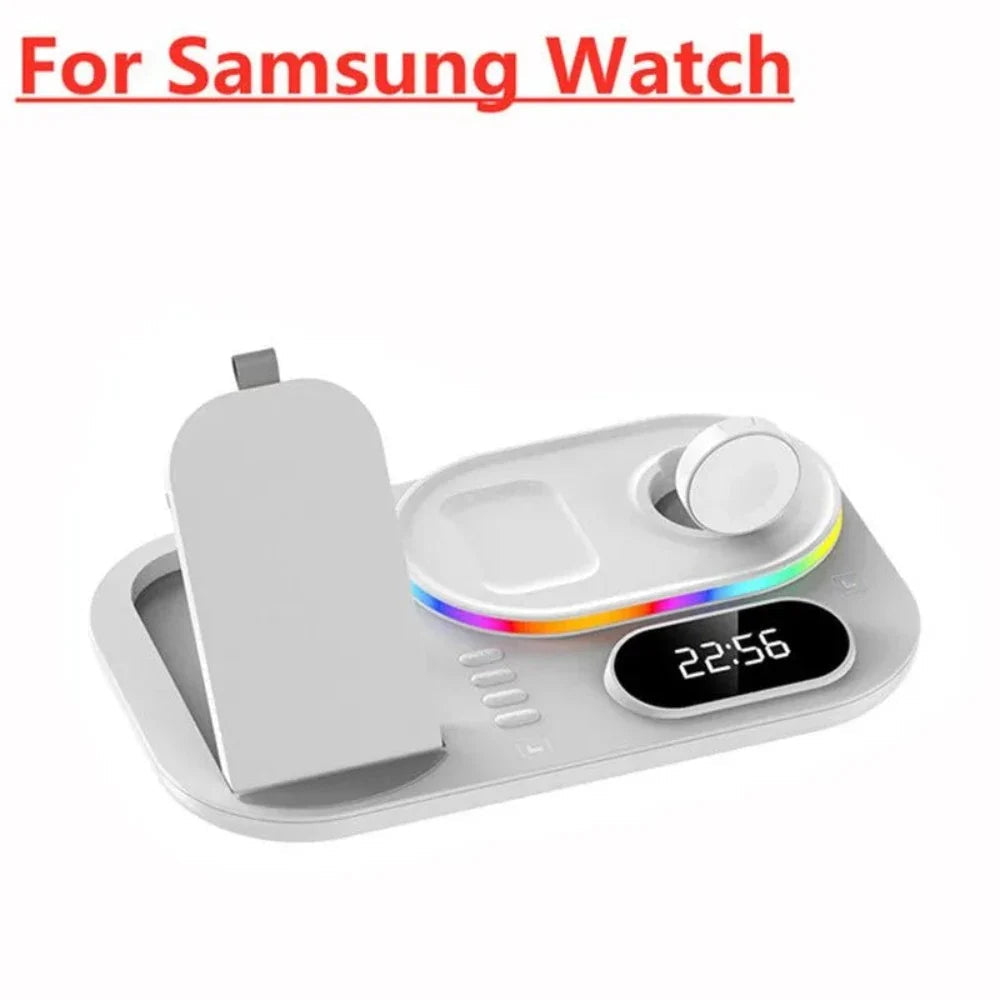White wireless charging dock for Samsung Watch, phone, and earbuds