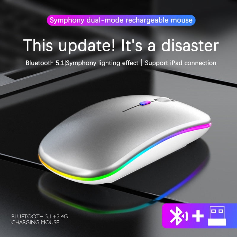 Silver rechargeable wireless mouse with Bluetooth 5.1 and LED lighting