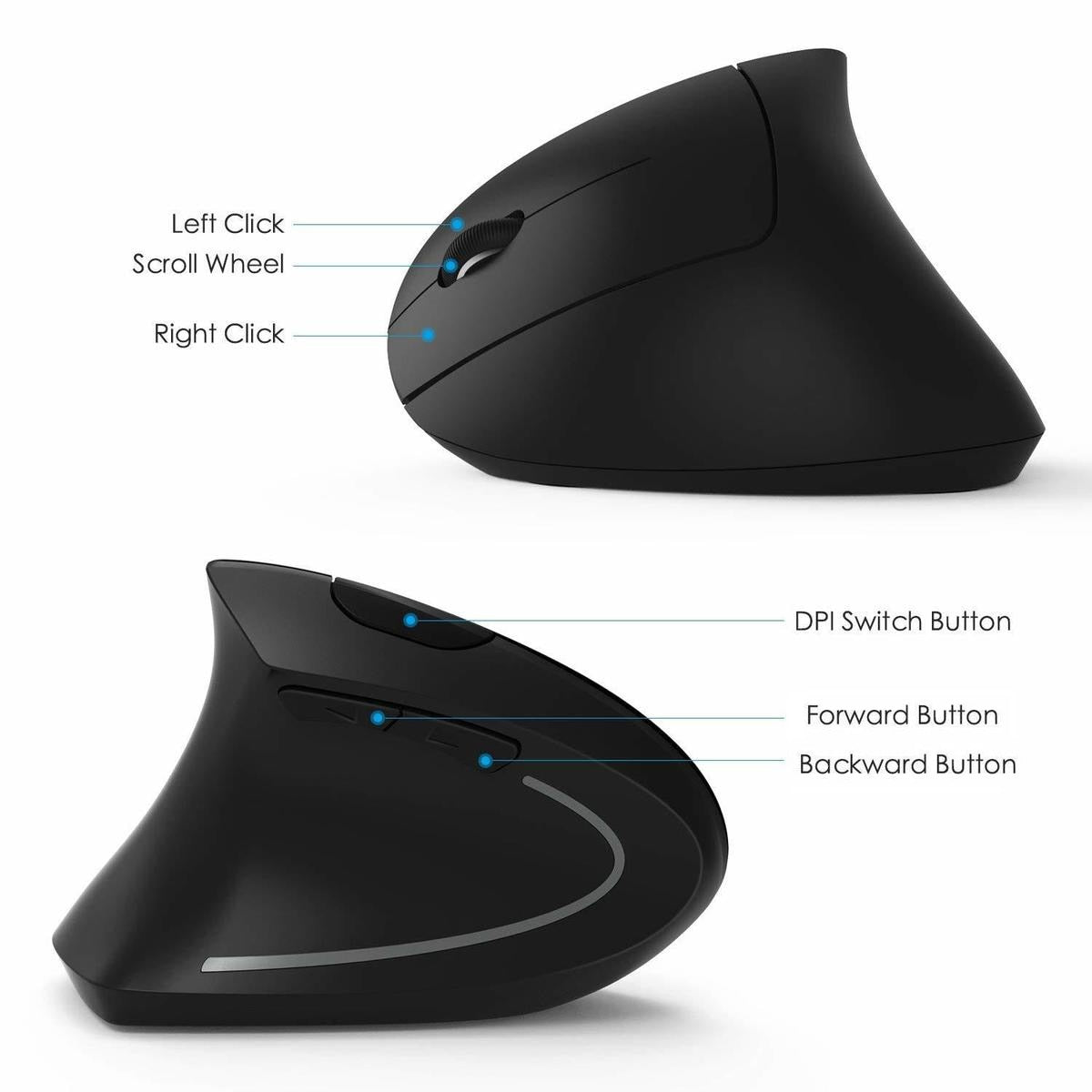 Black ergonomic vertical mouse with DPI switch and side buttons
