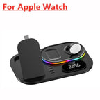 Black wireless charging dock for Apple Watch, phone, and earbuds