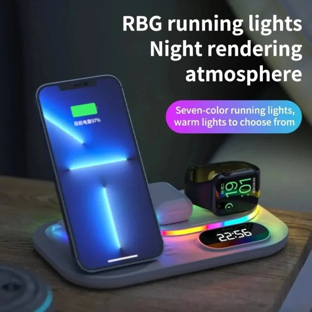 RGB wireless charging station with night light and clock display