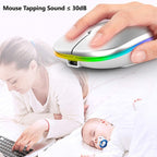 Silent wireless mouse with LED lights used quietly near sleeping baby