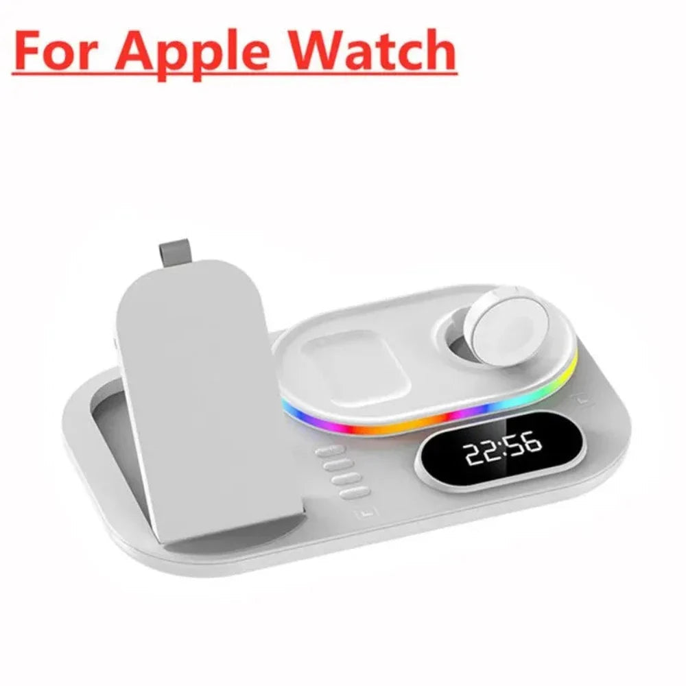 Wireless charging dock for Apple Watch, phone, and earbuds with clock