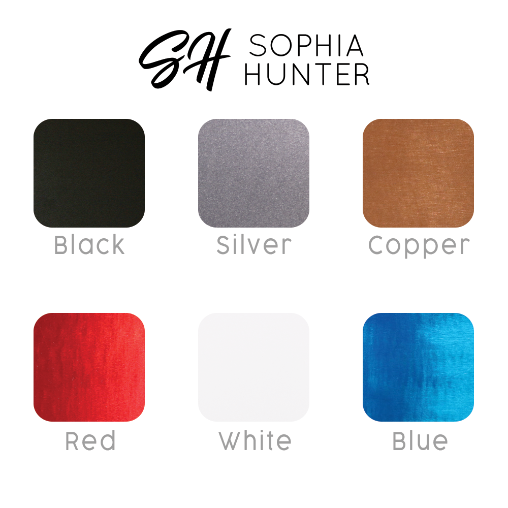 Color swatches in black, silver, copper, red, white, and blue by Sophia Hunter