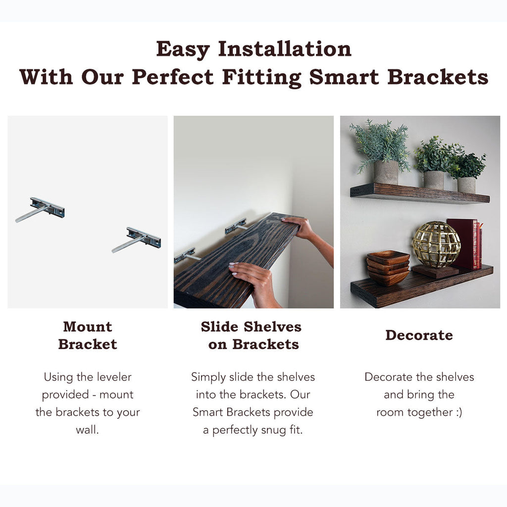 Easy-install dark wood floating shelves with smart brackets for seamless wall décor.
