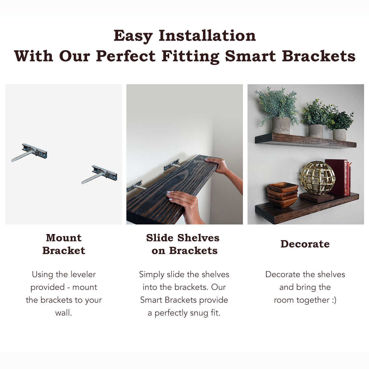 Easy-install dark wood floating shelves with smart brackets for seamless wall décor.
